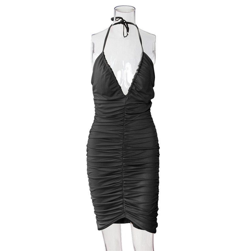 CNYISHE Ruched Women Halter Mini Dress Lace Up V-neck Bandage Bodycon Sexy Party Elegant Streetwear Dresses Winter Vestidos 210419