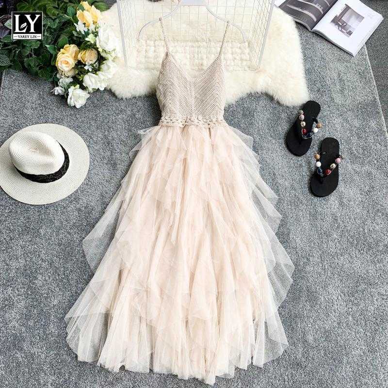 LY VAREY LIN Women Summer Mesh Tulle Dress High Waist Hem Asymmetrical Pleated Fairy Female Slim es 210526