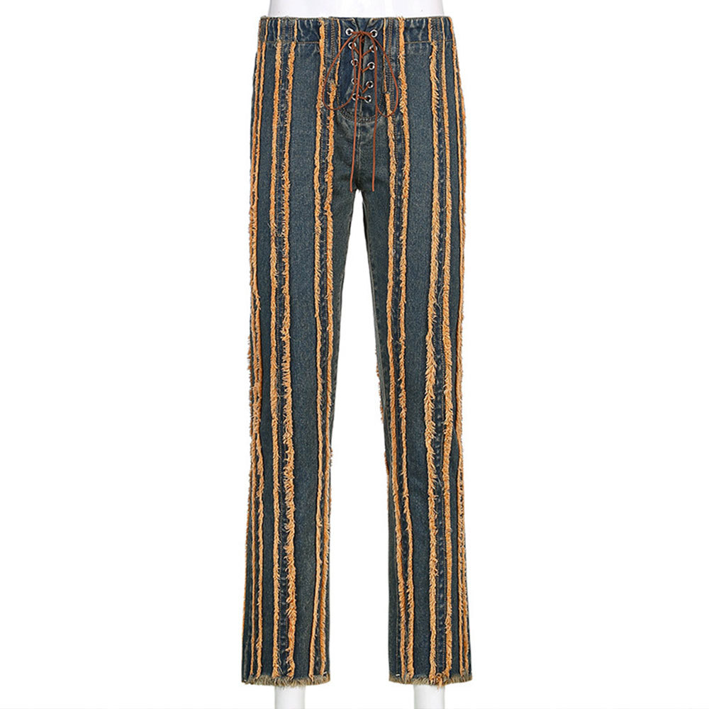 Women Vintage Striped Straight Denim Pants High Waist Aesthetic Wide Leg Trousers Streetwear Harajuku Loose Jeans 210428