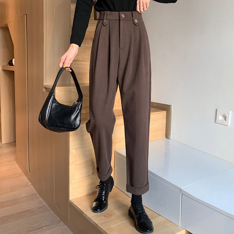 Arrival Korea Fashion Autumn Women High Waist Loose Woolen Pants All-matched Casual Black Harem Femme Trausers V20 210512