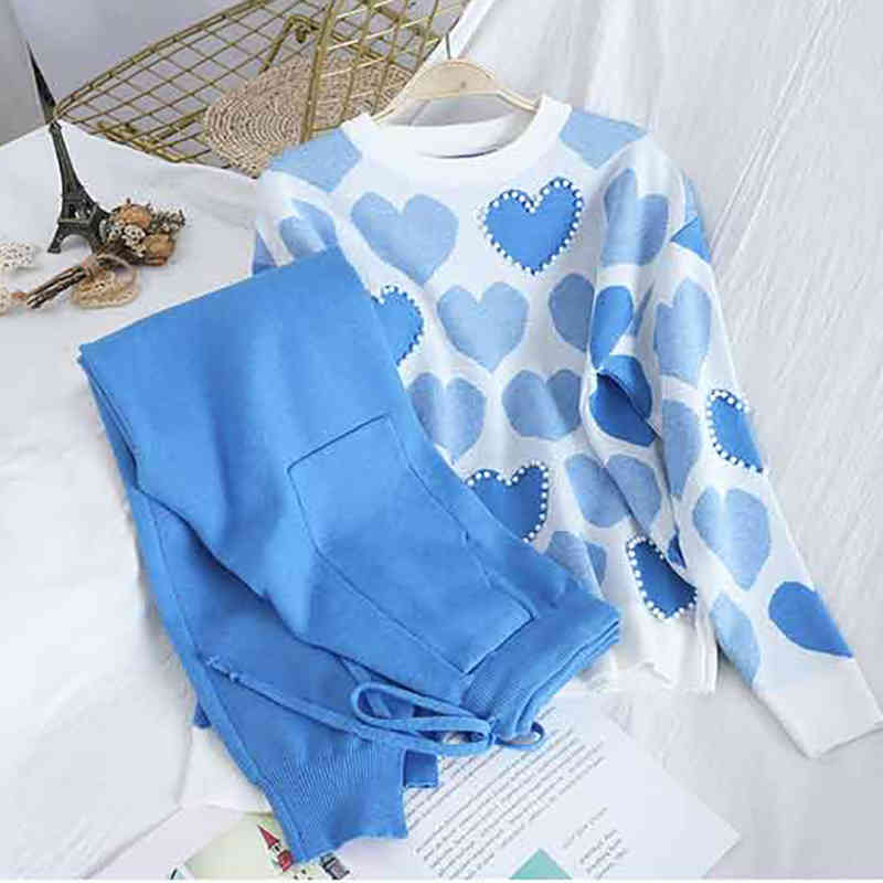 Autumn Winter Sweet Love Print Beads Pullover Top Sweater + High Waist Double Pockets Knitted Pants Two piece Set for Women 210506