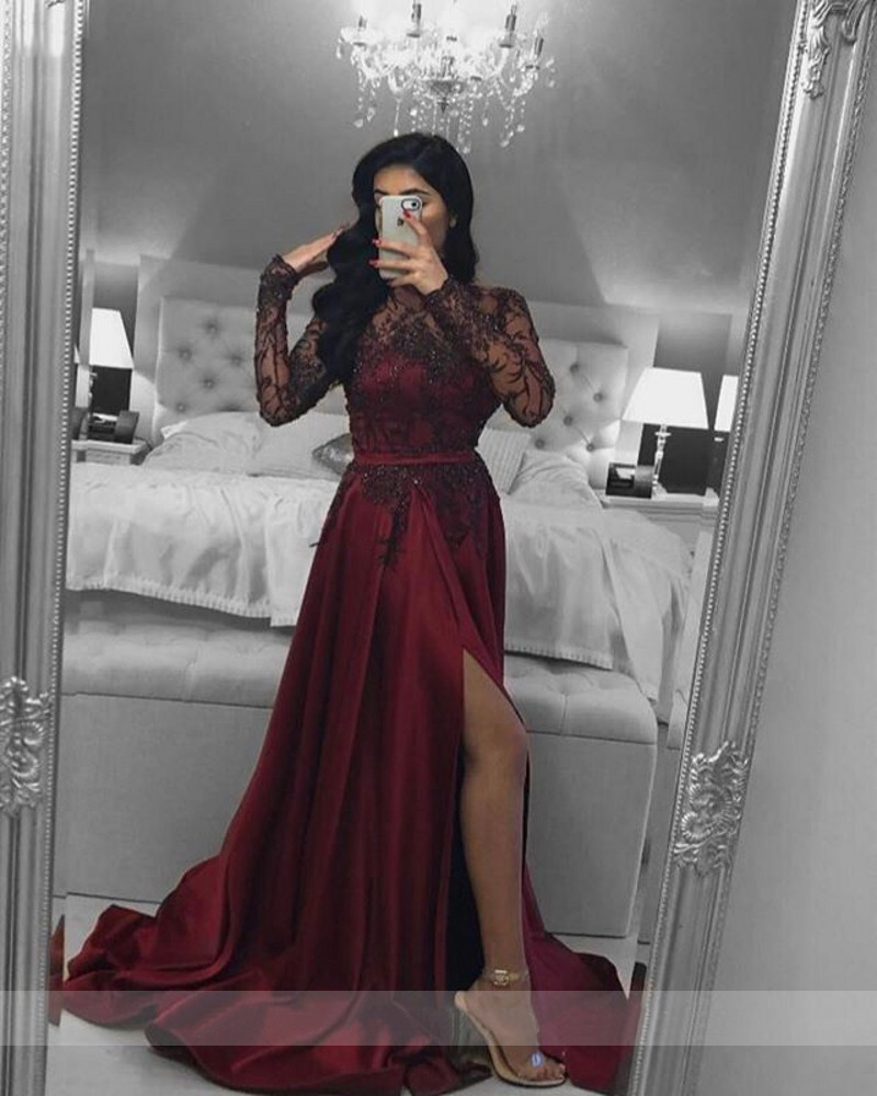 Dark Red Plus Size Evening Dress vestidos de fiesta Illusion Long Sleeve Beading Lace Leg Slit Prom Party Gowns Formal Dresses