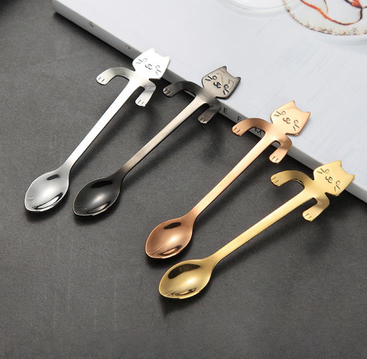500pcs Stainless Steel Coffee Tea Spoon Mini Cat Long Handle Creative Hanging Spoons Drinking Tools Kitchen Gadget Flatware Tableware SN2503