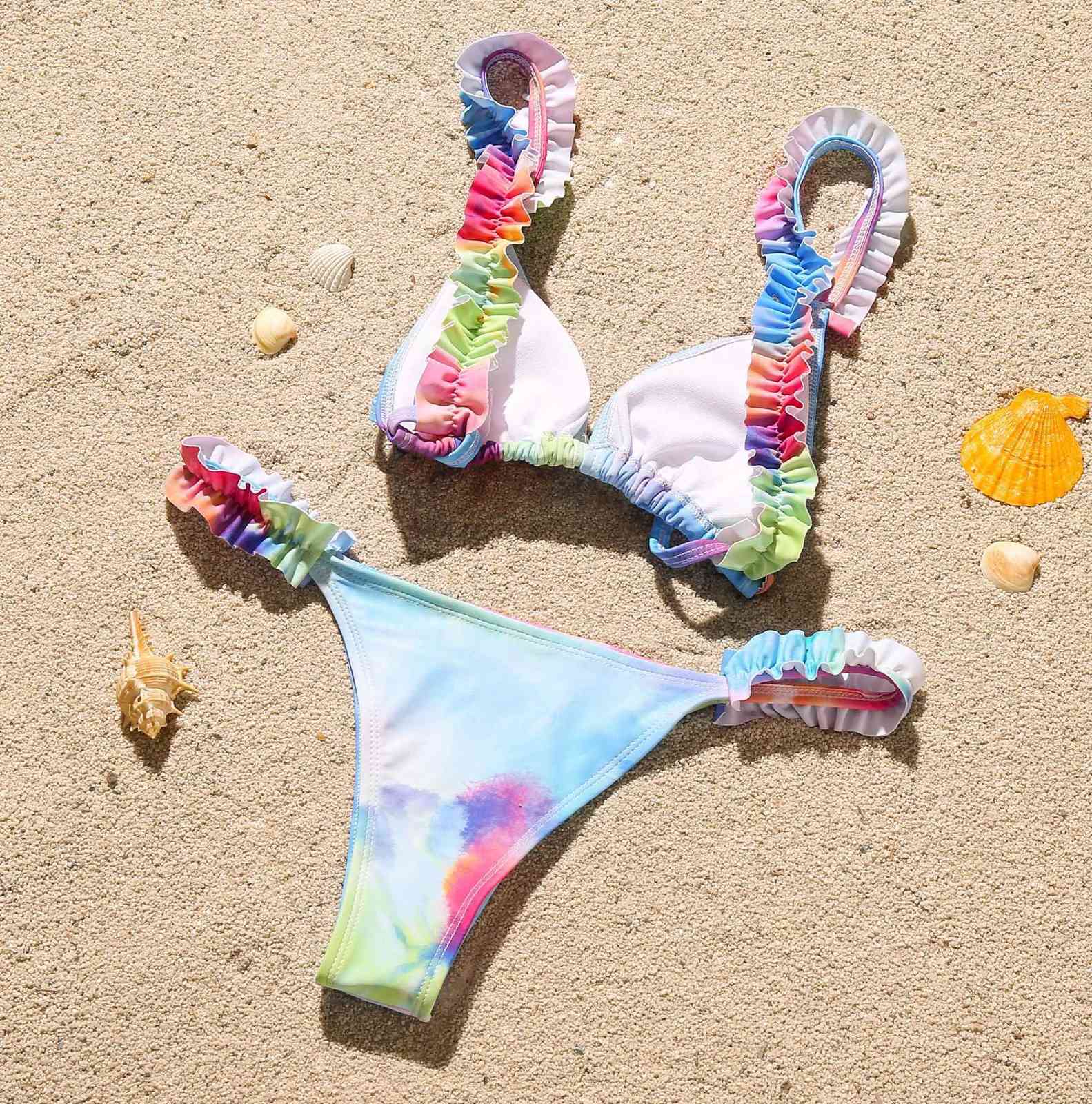 Tie-Dye Ruffle Bikini Set Woman Backless Lace-Up Top Low Waist Push Up Sexy Swimsuit Swimwear Micro Mini Beachwear 210604