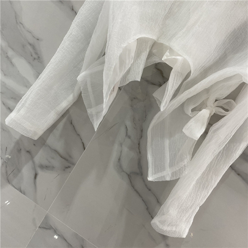 White Casual Shirts For Women Lapel Long Sleeve Patchwork Bowknot Irregular Hem Short Blouses Female Summer Fashion 210524