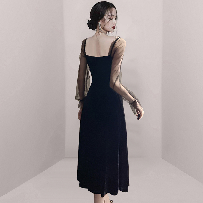 Spring Vintage Square Collar Mesh Patchwork Velvet Mid-Length Dress Sexy Backless Black Vestidos For Female 210520