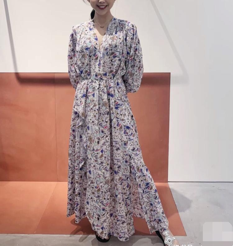 Retro Print Women V-neck Midi Dress Color Matching Lady Long-sleeved Pleated Split Female Slim Long Dresses 2021 Casual