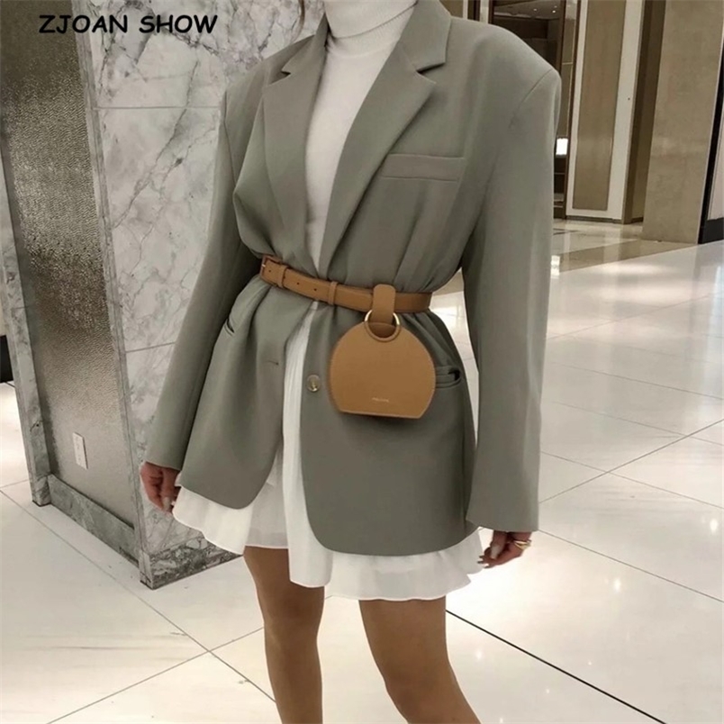 Autumn grass GREEN 2 Buttons Loose Blazer Boyfriend friend Free style Women Mid Long Suit Coat CHIC Fashion Femme 210429