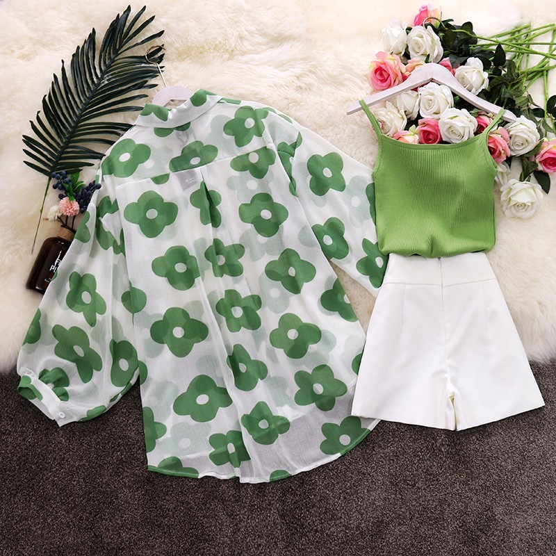Summer Women's Knitted Condole belt + Lantern Sleeve Sunprevent Clothes Wide Leg Shorts 3 Piece Sets Ladies 210506