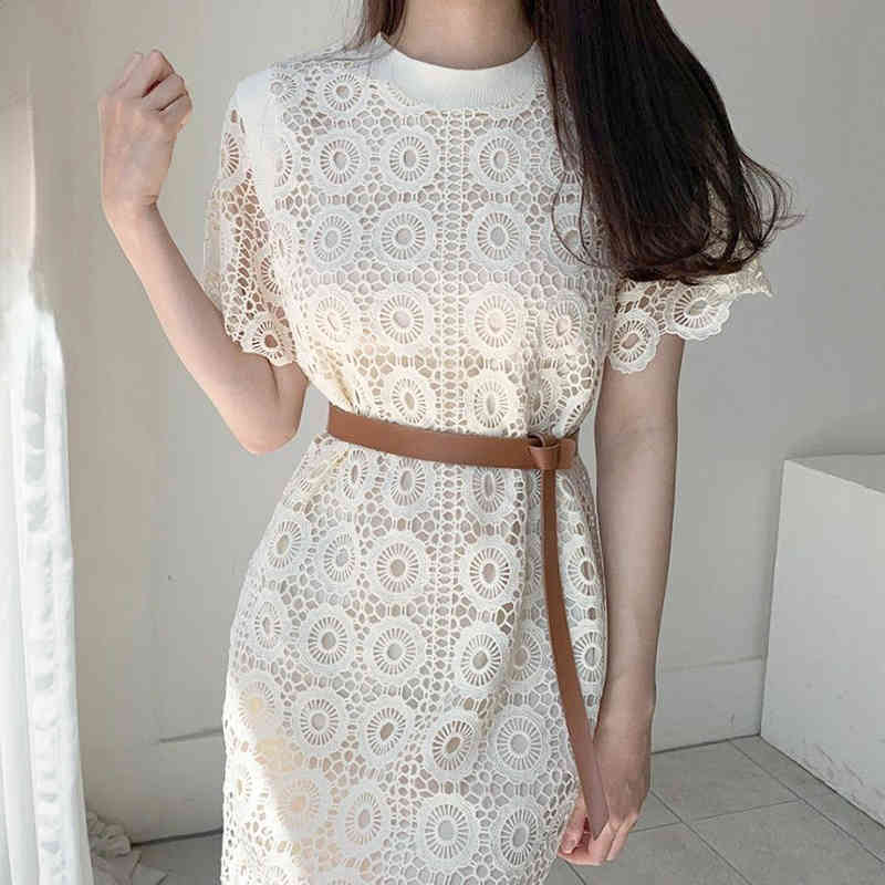 Chic Retro O-neck Flower Crochet Hollow out Apricot Lace Dress for Women Summer Graceful Short-sleeved Belt Short 210525
Chic Retro O-neck Flower Crochet Hollow out Apricot Lace Dress for Women Summer Graceful Short-sleeved Belt Short 210525