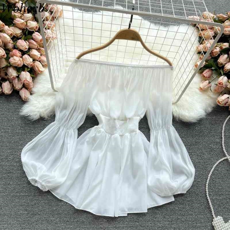 Off Shoulder Top Summer Chic Chiffon Blouse Puff Sleeve Shirt Korean Women Blusas Vintage Blouses Clothes 210519
