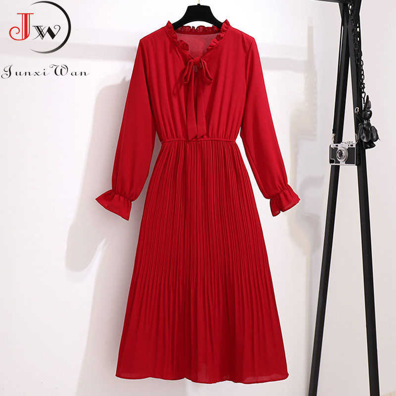 Casual Women Dress Chiffon Elegant Vintage Bow Collar Long Sleeve Autumn Winter Midi Shirt Dresses Solid Slim Clothes Robe 210630