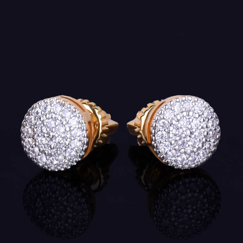 8MM Gold Color Small Round Stud Earring AAAA Cubic Zircon Screw Back Men's Earrings Fashion Hip Hop Jewelry 210817