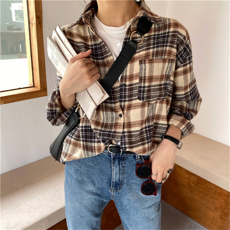 Shirt Women Formal Basic Office Ladies Tops Loose Casual Long Sleeve Plaid Blouse Female Blusas Camisas Mujer 210421