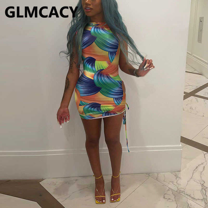 4 Colors Women Printed Sleeveless Bodycon Pleated Mini Dress 210702