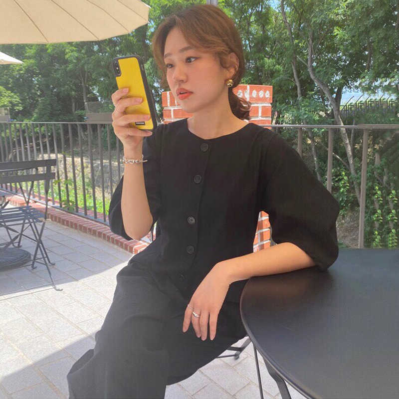 Korejpaa Women Jumpsuits Summer Korean Chic Ladies Niche Round Neck Loose Straight Single-Breasted Lantern Sleeve Jumpsuit 210526