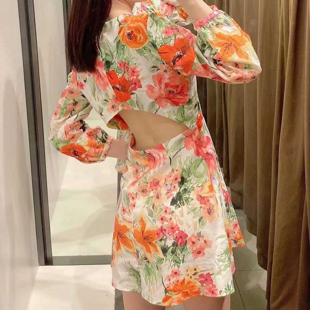 Summer Women Floral Printed Back waist hollow Dress elegant Casual Fashion Vintage Chic Lady Woman Short Sundress 210709