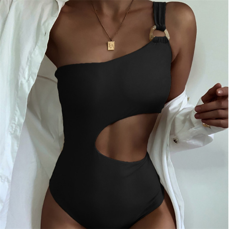 Trendy One Shoulder Swimsuit Designer Stretch Hollow Bikini Summer Pure Color Swimwear Ladies Skinny Swimming Suits, Black
Trendy One Shoulder Swimsuit Designer Stretch Hollow Bikini Summer Pure Color Swimwear Ladies Skinny Swimming Suits, Black