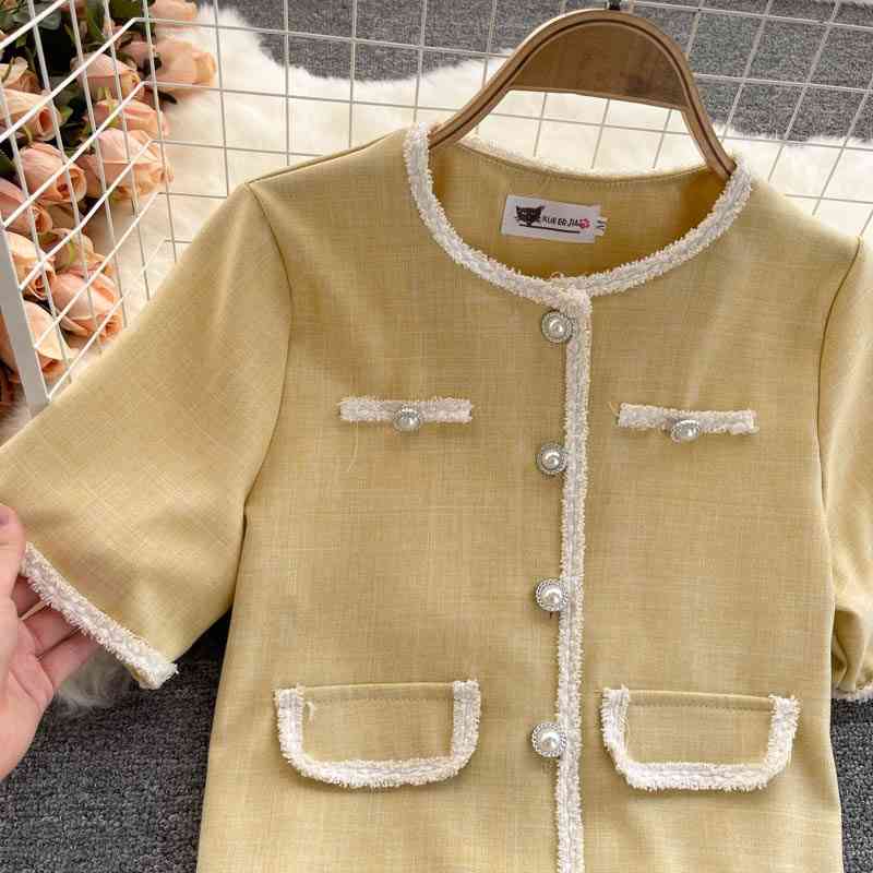 Skirt Suits Women Street Style Summer Classic Cardigan Short Sleeve Top Versatile Age Reducing Pleated Skirt Two Piece Set 210515