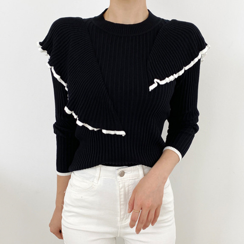 Nomikuma Korean Chic O-neck Pullover Knitwear Sweet Hit Color Ruffle Patchwork Knitted Tops Autumn New Pull Jumpers 6C394 210427