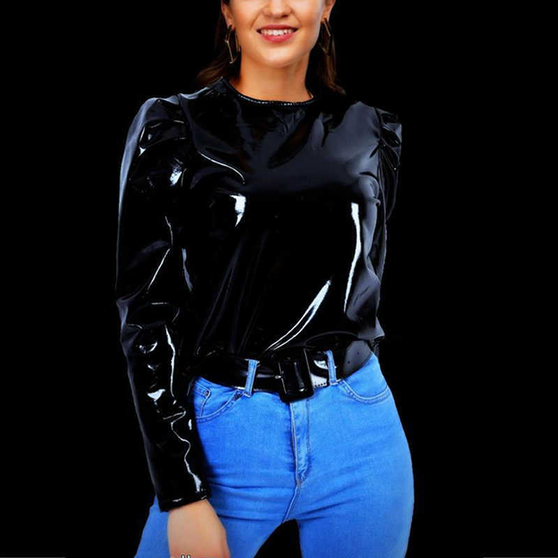 Women Latex Patent Leather O-Neck Tops Long Sleeve Shirt Pullovers PVC Jackets Plus Size Black Red PU Leather Short Coats Custom 211011