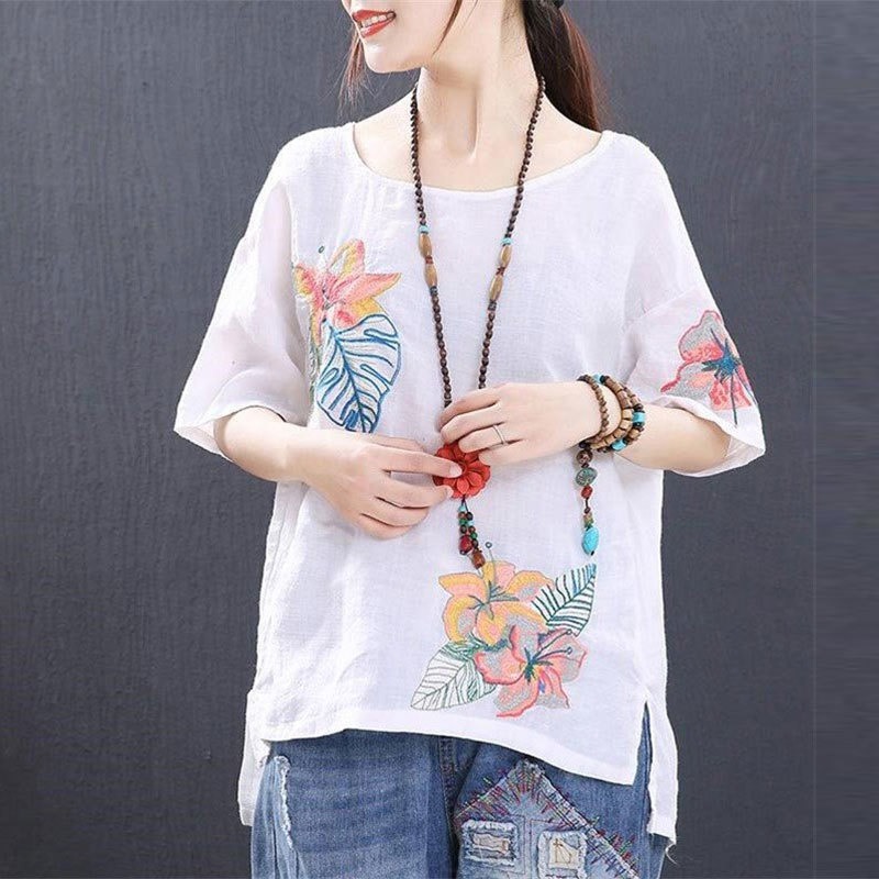 Summer Style Cotton Linen Tops Plus Size Floral Embroidery Vintage Loose Short Sleeve Tshirt Lady O-neck Tee Shirt Big HX01 210512