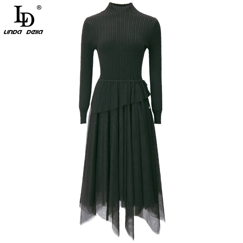 Summer Fashion Runway Dress Women Long Sleeve Knit Mesh Patchwork Asymmetrical Ladies Elegant Black Midi 210522