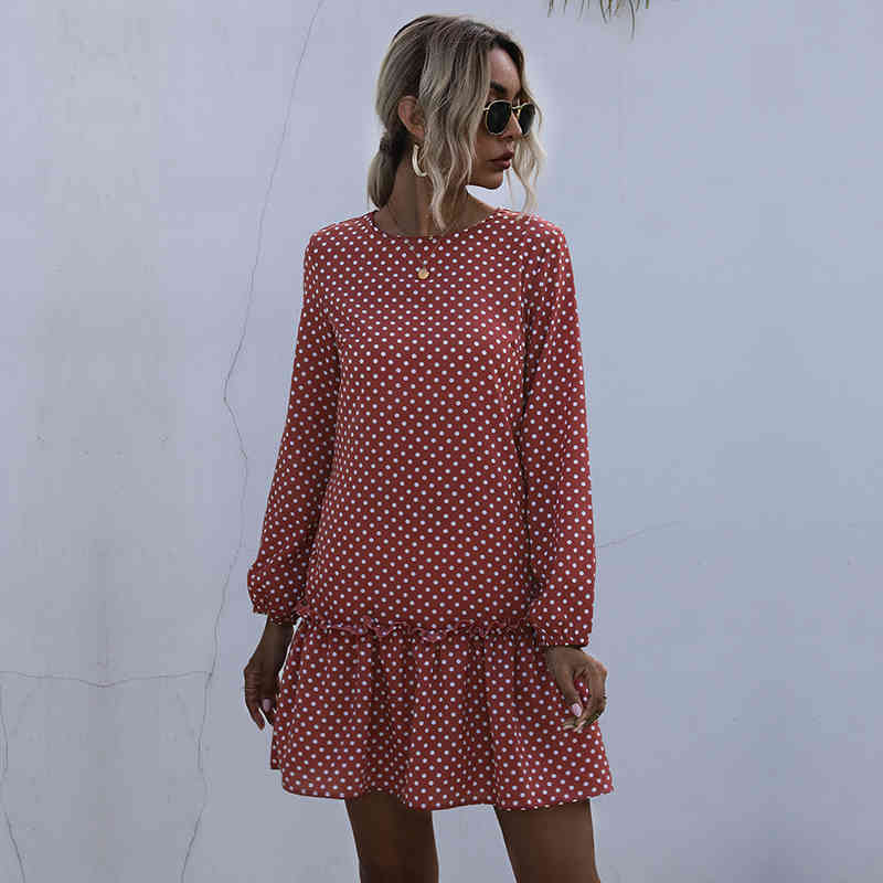 Fashion Short Dot Print Dress Women Casual O Neck Lantern Sleeve Slim Ruffles Autumn Winter Dress For Women New 210413