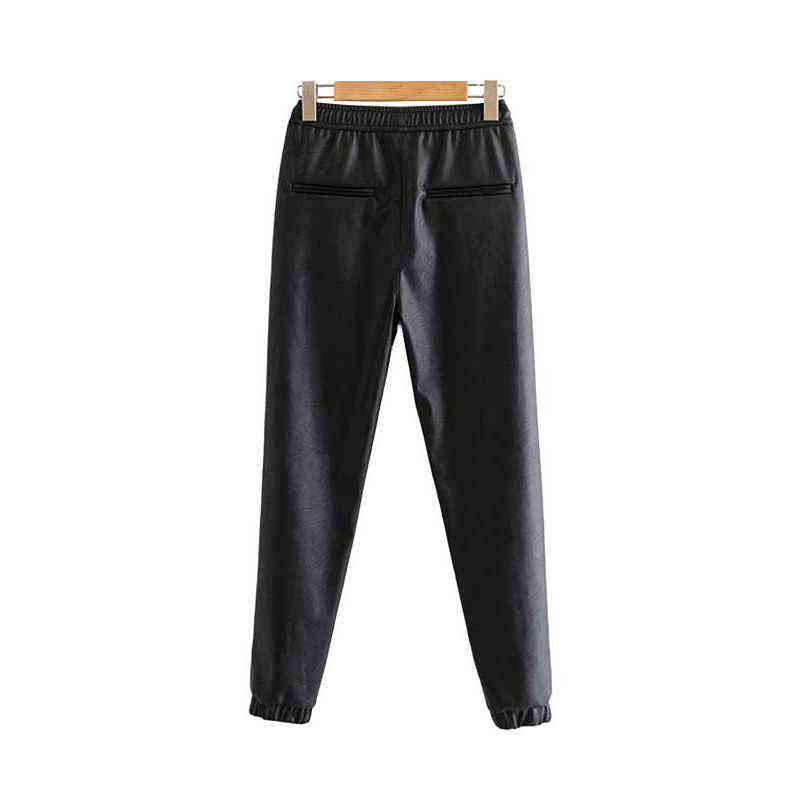 TRAF Women Faux PU Leather Pockets Pants Vintage Fashion Elastic Waist Drawstring Tie Ladies Ankle Trousers Pantalones Mujer 211115