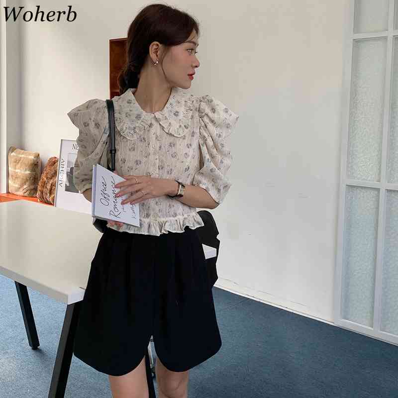 Korean Floral Blouses Women Ruffles Peter Pan Collar Puff Sleeve Shirts Vintage Elegant Blusas Sweet Single Breasted Tops 210519