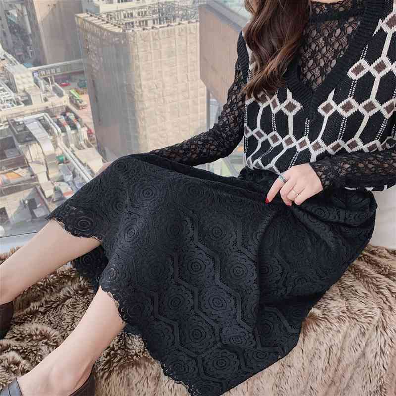 Women Sexy Lace Hollow Out Transparent Skirt Korean Fashion Summer Ladies Elastic High Waist Black Mujer Faldas 210520