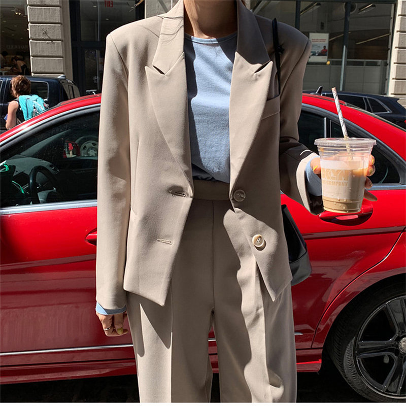 Beige Retro Chic Solid Gentle Lady Elegant OL Blazers + Vintage Casual All Match Straight Pants Set 2 Pieces Sets 210421