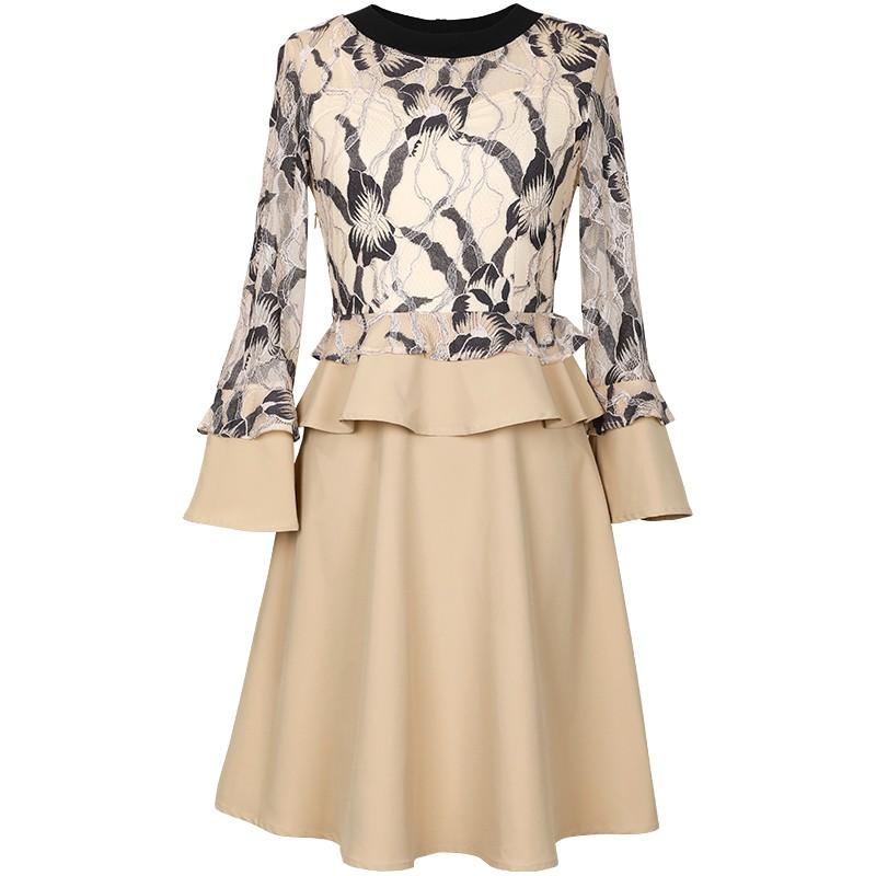 Women Print Dress Autumn O-neck Long Sleeve Fashion Lace Patchwork Plus Size Office Elegant Ladies Dresses Casual Midi