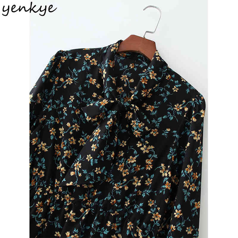 YENKYE Summer Dress Women Vintage Floral Print Vestido Mujer Bow Tie Collar Long Sleeve A-line Casual Dress Short Robe 210515