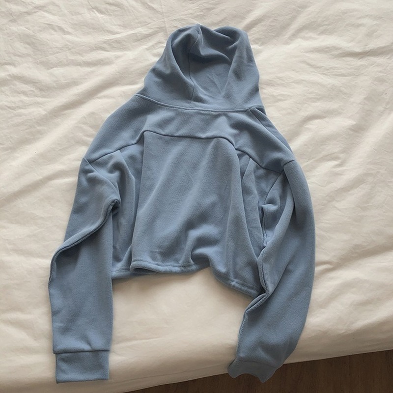 Fashion Short Hoodies Solid Autumn All Match Zip-up Moletom Long Sleeve Casual Sweatshirt Women Pocket 17612 210415