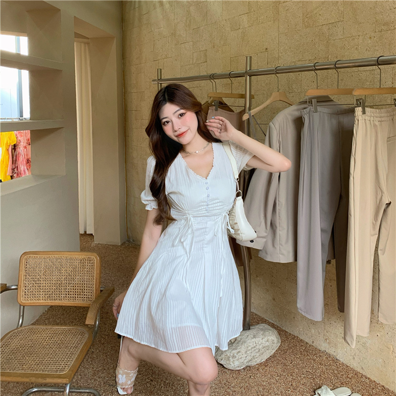 Summer Elegant Mini Dress Woman Korean Party Beach Female Puff Sieeve Office Lady V-Neck A-Line 210519