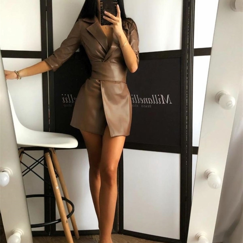 Winter PU Leather Dress Women Casual Notched Collar High Waisted Mini Dress Vestidos Office Lady Streetwear Slim Fit Clothing 210521