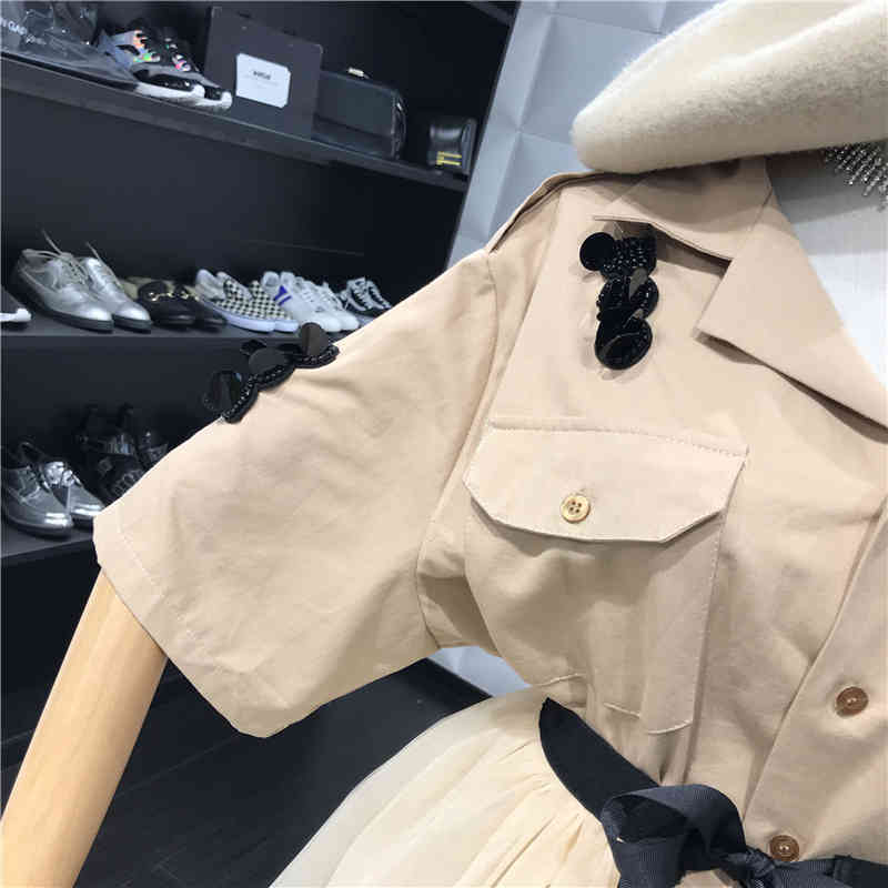 Women Two Piece Outfits Sequined Embroidery Half Sleeve Khaki Jacket Blouse + Lace-up Patchwork Tulle Mesh Skirt Set 210518