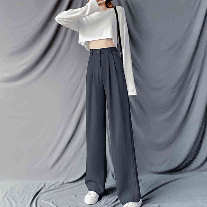 Casual Chic Loose High Waist Female Wide Leg Pants Spring Summer Ladies One Button Long Trousers Women Solid Suit 211115