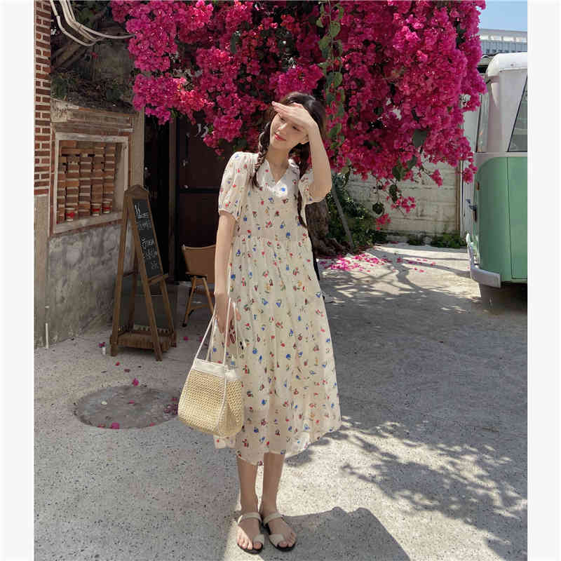 Spring Summer dress korean style floral print V neck a line dress Puff Short Sleeve long dress womens (K8134) 210423