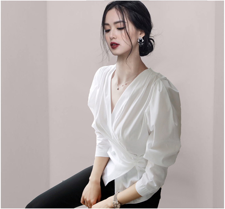 Spring Women White Blouse Shirt Elegant V-Neck Puff Sleeve Office Lady OL Slim Cotton Chic Tops 210519