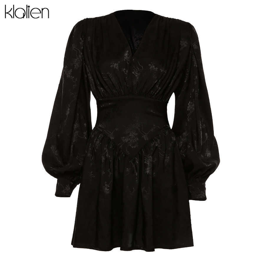 KLALIEN Fashion Black Chiffon Printing Elegant Loose Mini Dress Women Lantern Full Sleeve Pleated Slim Party Night Dresses 210623