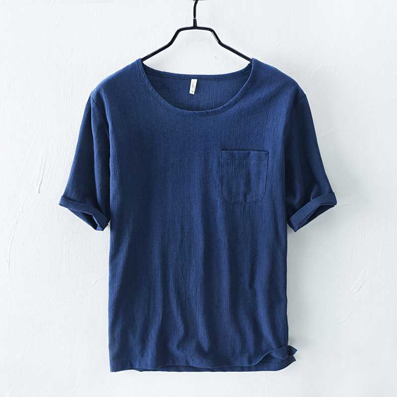O-Neck Short Sleeve T-Shirts For Men Loose Casual Solid Color Tops & Tees Chest Patch Pocket Cotton Linen Men's Fashion Clothing 210601