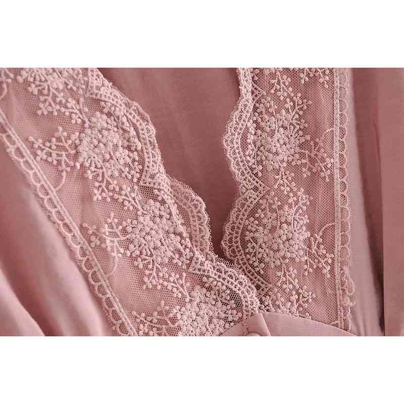 Fashion Women Knee Length Dresses Autumn Pink Lace Patchwork Ladies Sweet Female Dress Slim Girls Chic 210430