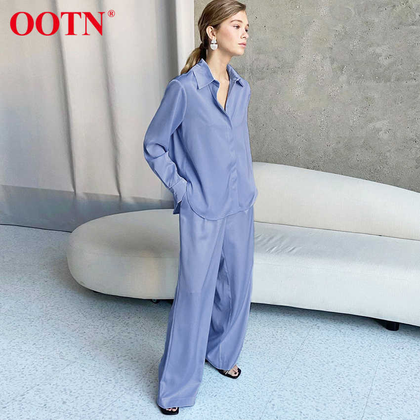 OOTN Blue Satin Home Suit Wear Spring Brown Long Sleeve 2 Piece Top And Pants Women Sets Loose Casual Solid Ladies Trousers Set 210707