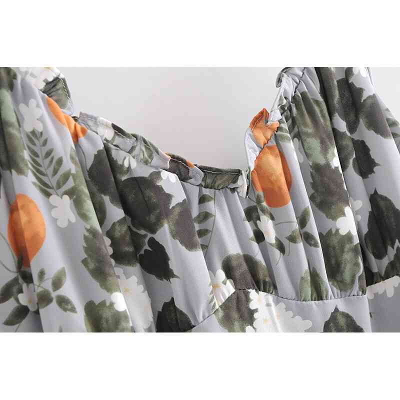 Holiday Summer Lemon Floral Print Sling Dress Sexy Sleeveless V Neck A-line Chiffon Long Spaghetti Strap Casual Beach 210429