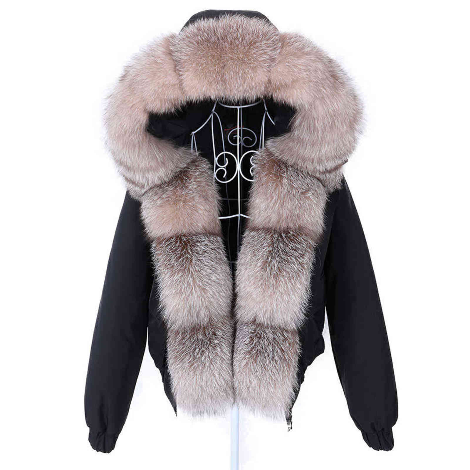 Lavelache Winter Short Women Real Fur Coat Natural Raccoon Fur Collar Detachable Winter Parka Bomber Jacket Waterproof 211123
