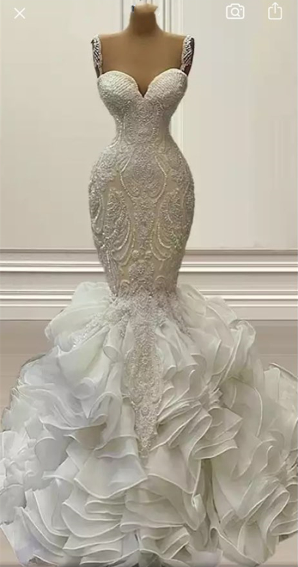 Luxury Crystals Beaded Mermaid Wedding Dresses Tiered Ruffles Skirt Cathedral Length Long Train Trumpet Lace Wedding Gowns Straps Sweetheart Bridal Dr