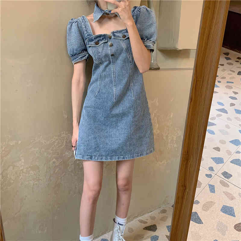 SML summer mini dress korean style solid color square collar denim dress womens puff short sleeve jeans dresses (J1205) 210423