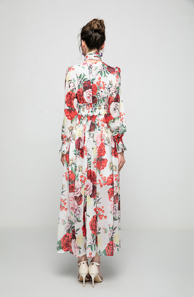 Women's Runway Dresses O Neck Long Sleeves Floral Printed Elastic Waist Fashion Maxi Dress with Scarf